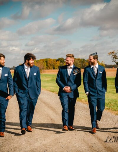 Groomsmen photo outdoors at The Barn at Honey Blossom Orchard. Wedding and Event Venue in Northwest Ohio